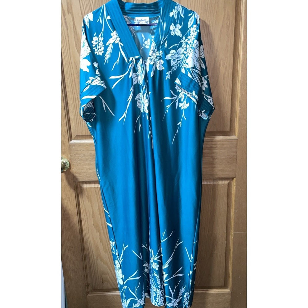 Vintage Anthony Richards Teal Floral Short Sleeve House Dress Mumu Caftan Robe